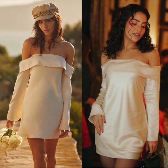 Reformation Maves Satin Almond Ivory‎ Off Shoulder Long Sleeve Mini Dress Size M - Picture 1 of 13